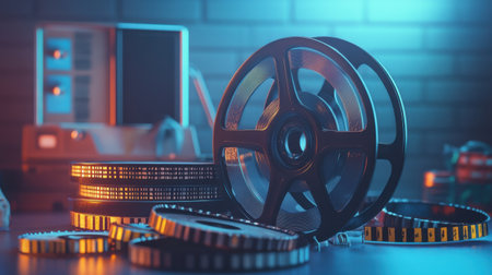 A cinematic composition of a film reel, canister, and movie negatives, highlighting the craft of film in 3D digital artの素材