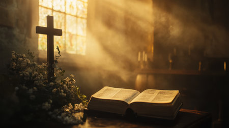 A solemn Christian prayer scene, with a Bible and cross, representing the resurrection of Jesus Christ and the essence of Easterの素材