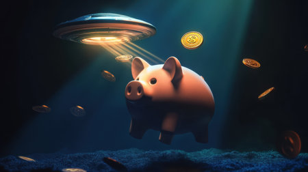 UFO beams coins from a piggy bank, floating in mid-air, set against a dark background. Finance, investments, and space theme. 3D illustration.の素材