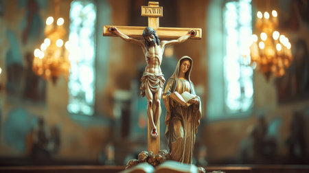A Catholic crucifixion scene with the Virgin Mary and a Bible, symbolizing Easter, Lent, and Jesus Christ resurrectionの素材