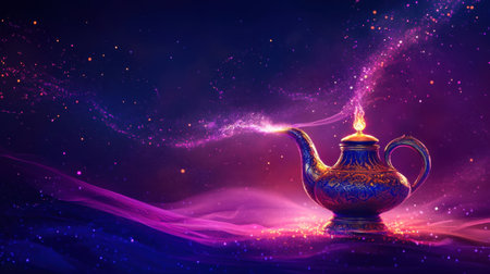 A glowing magic genie lamp on a mystical purple background, evoking enchanted Arabian nights and abstract magicの素材