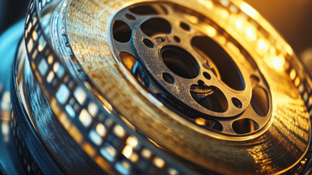 Detailed close-up of a film stock spool inside a vintage canister, representing the golden age of cinema and film productionの素材