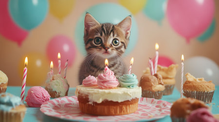 A fun birthday scene with a kitten surrounded by cake, ice cream, and candles, celebrating like a true party animalの素材