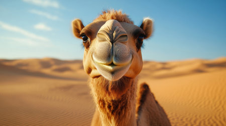 A happy camel posing with a wide smile in the middle of the desert, showcasing its charming personality in the arid landscapeの素材