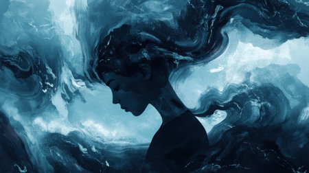 Abstract illustration of a person battling depression and anxiety, with dark clouds and intrusive thoughts swirling aroundの素材