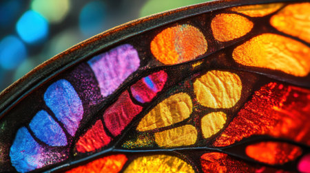 Colorful butterfly wing macro shot, with monarch-like rainbow hues and stained glass-like textures, full of vibrant detailの素材