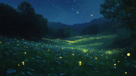 Enchanted field illuminated by glowing fireflies at night, creating a magical and dreamlike landscape under a starry skyの素材