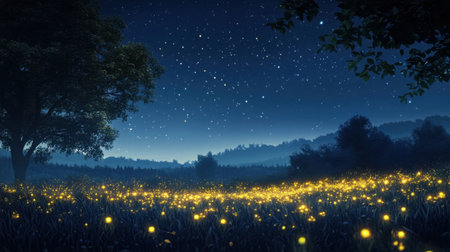 Enchanted field illuminated by glowing fireflies at night, creating a magical and dreamlike landscape under a starry skyの素材