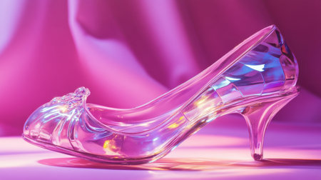 Enchanted glass slipper shimmering in iridescent hues on a bright pink backdrop, a modern fairy tale momentの素材