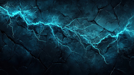 Electric lightning bolts cut across a black and blue sky, the cracked stone wall beneath fades into a grungy ocean texture. Dark and powerful scene.の素材
