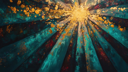 Abstract wall art with colorful textures and underwater-inspired teal and gold sunbeams, reminiscent of a starry nightの素材