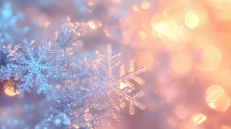 Detailed snowflakes glistening on a glowing pastel background, capturing the beauty of winter and the holiday seasonの素材