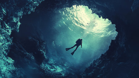 Deep sea diver navigating through an underwater cavern, surrounded by the mysterious abyss, exploring the ocean's depthsの素材