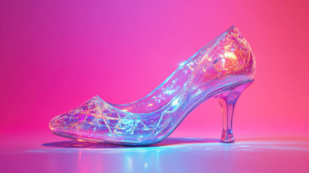 Glass slipper with magical sparkle, casting an iridescent glow on a vibrant pink studio backgroundの素材