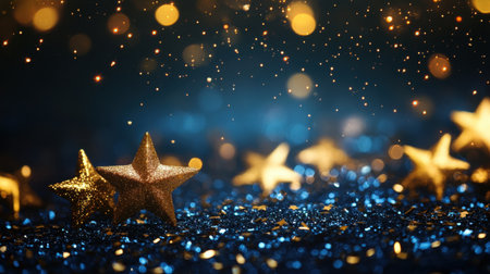 Golden star confetti glowing against a dark blue bokeh background, capturing the magic of holiday celebrationsの素材