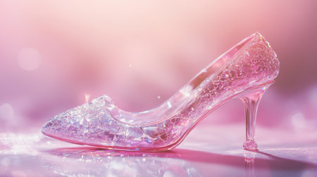 Fashionable glass slipper sparkling in soft light on a pink background, evoking Cinderella magic and eleganceの素材