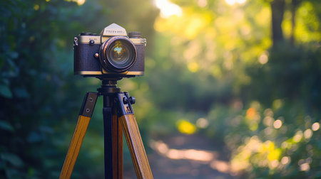 Retro camera on a wooden tripod, standing tall, ready to capture moments with its vintage lens in a classic setting.の素材