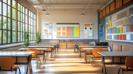 Bright, airy classroom with modern furniture and tech devices, symbolizing a fresh start for the school year.の素材