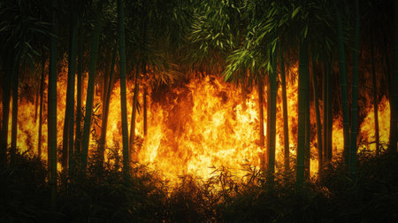 Dense bamboo forest engulfed in flames, the intense fire consuming the greenery, illustrating a powerful natural disaster scene.の素材
