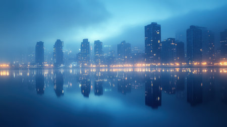 Urban skyline reflected in a misty waterfront at dawn, soft blue hues and glowing city lights creating a calm cityscape.の素材