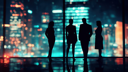 Silhouetted business team in front of a lit-up city skyline, evoking a sense of corporate ambition and futuristic business culture.の素材