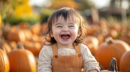 Adorable toddler laughing in a pumpkin patch, enjoying a crisp autumn day surrounded by pumpkins and fall decorations.の素材