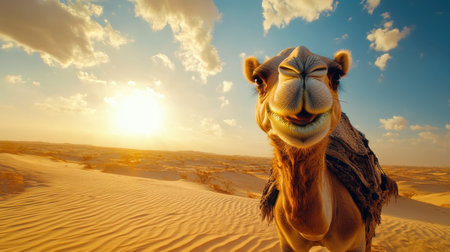 A cheerful camel flashing a smile as it stands on the sandy desert terrain, set against a vibrant sunlit horizonの素材