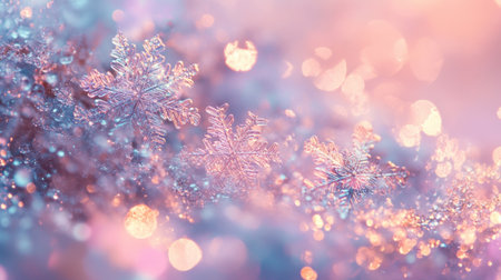 Detailed snowflakes glistening on a glowing pastel background, capturing the beauty of winter and the holiday seasonの素材