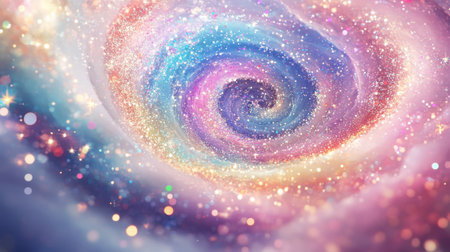 Glittering fairy dust in a colorful spiral, forming a magical swirl of stars and rainbows against a dreamy backdropの素材