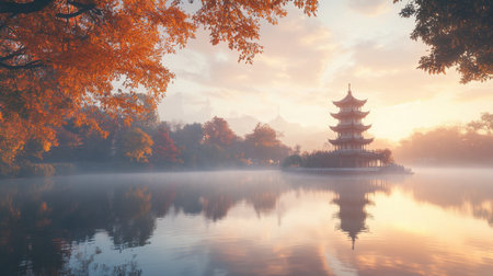 Sunrise over a misty Chinese pagoda reflected in a calm lake, surrounded by autumn trees in a peaceful landscapeの素材