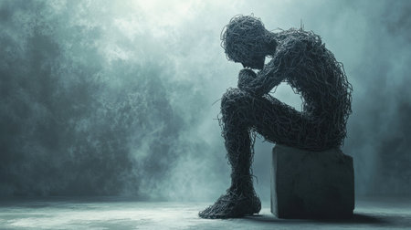 A conceptual image showing the weight of mental health struggles, with figures representing fear, sadness, and anxietyの素材