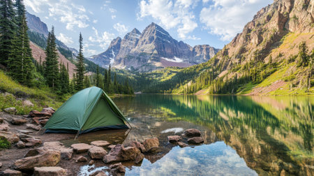 Vibrant daytime setting featuring a green tent near a crystal-clear lake with majestic mountain peaks in the background.の素材