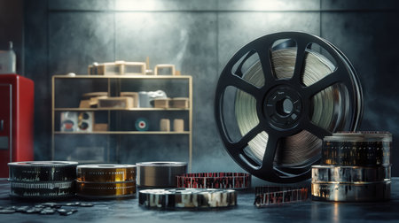 A cinematic composition of a film reel, canister, and movie negatives, highlighting the craft of film in 3D digital artの素材