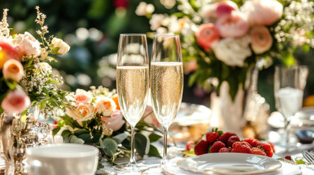 Elegant breakfast champagne with flower arrangements, sunny decorations, and a garden-inspired springtime brunch settingの素材