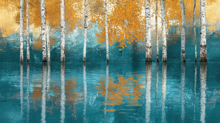 Abstract birch trees in autumn, painted in teal and gold, reflected in a pond, with modern art aestheticsの素材