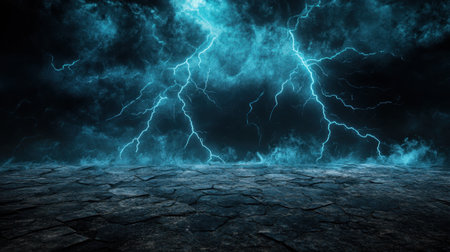 Electric lightning bolts cut across a black and blue sky, the cracked stone wall beneath fades into a grungy ocean texture. Dark and powerful scene.の素材