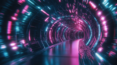 A tunnel of neon teal and pink lights, evoking fast motion, space travel, and digital speed in an abstract landscapeの素材