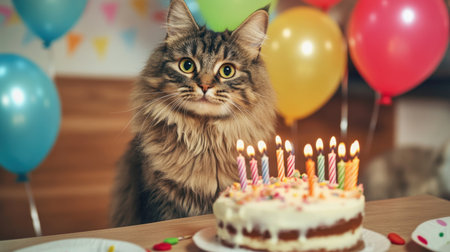 Cat enjoying a festive birthday party with balloons, cake, and candles, making for the perfect pet celebrationの素材