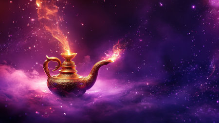 Glowing gold genie lamp against a deep purple backdrop, surrounded by magical, enchanted Arabian night atmosphereの素材