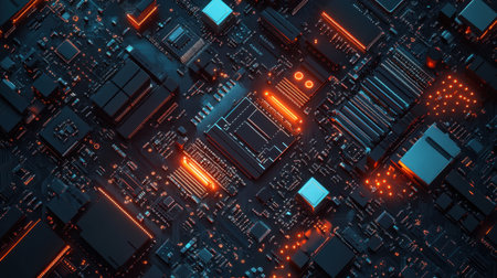 Detailed view of computer and phone microchips, intricate circuitry and RAM modules, highlighting technolog core hardware.の素材