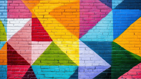 Colorful geometric graffiti patterns painted on a rough brick wall, creating a vibrant urban street art backgroundの素材