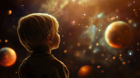 A young child marvels at a starry sky during a planetarium visit, planets and moons glowing, igniting a curiosity for the universe.の素材