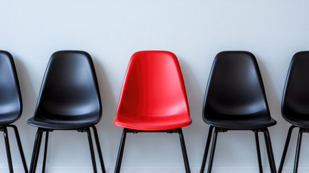 A vacant red chair contrasting with a row of black chairs on a white backdrop, symbolizing leadership or an administrative roleの素材