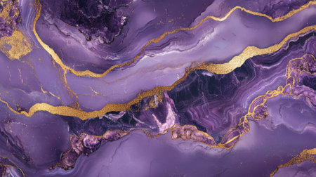Iridescent purple marble stone with intricate gold veins, a luxurious geode design ideal for abstract wallpaperの素材