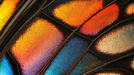 Rainbow-colored butterfly wing close-up, revealing intricate patterns and textures that evoke the beauty of stained glassの素材