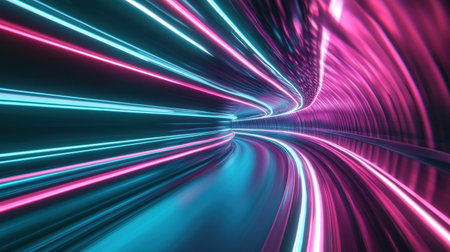 Neon teal and pink lights streak through a tunnel, capturing the speed and motion of light travel in an abstract digital landscapeの素材