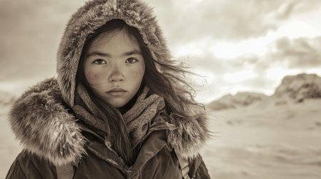 Sepia-toned photo of an Eskimo girl in winter clothing, captured in a stark, icy landscape with dramatic lightingの素材