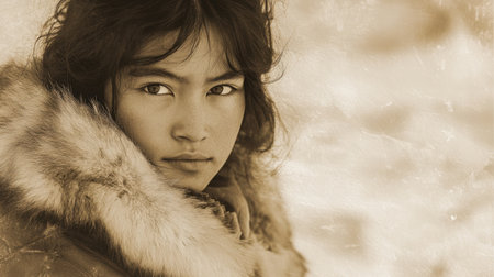Sepia-toned portrait of a young Inuit girl in winter, her fur coat blending with the stark icy landscape behind herの素材