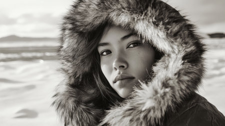 Stark sepia portrait of an indigenous Eskimo girl in a fur coat, set against a wintery landscape with icy shores in black and whiteの素材
