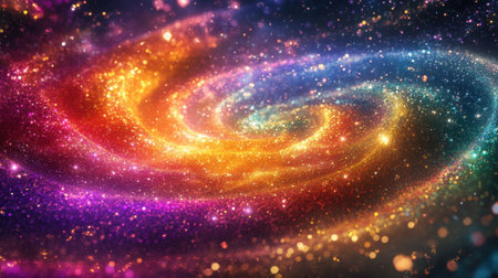 Sparkling fairy dust in a magical rainbow swirl, set against a shimmering galaxy of stars and iridescent colorsの素材